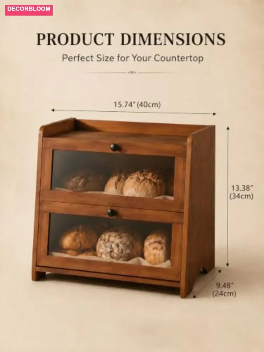 2 Tier Bamboo Bread Box with Clear Windows for Kitchen Countertop Storage